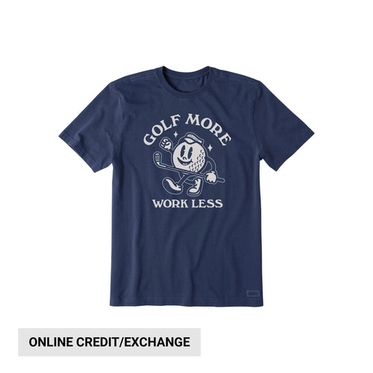 Navy graphic T-shirt with a golf ball mascot and the text "GOLF MORE WORK LESS"