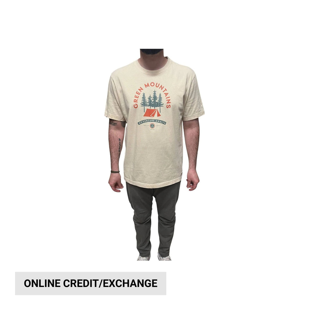 Cream short-sleeve graphic T-shirt with trees, tent, and arched text