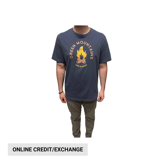 Dark blue graphic T-shirt with a campfire and arched "GREEN MOUNTAINS" text