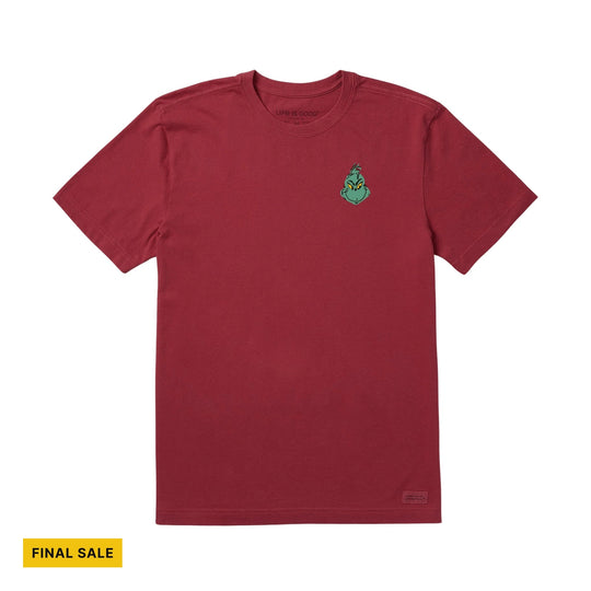 Burgundy short-sleeve T-shirt with a small Grinch face graphic on the chest and a FINAL SALE tag