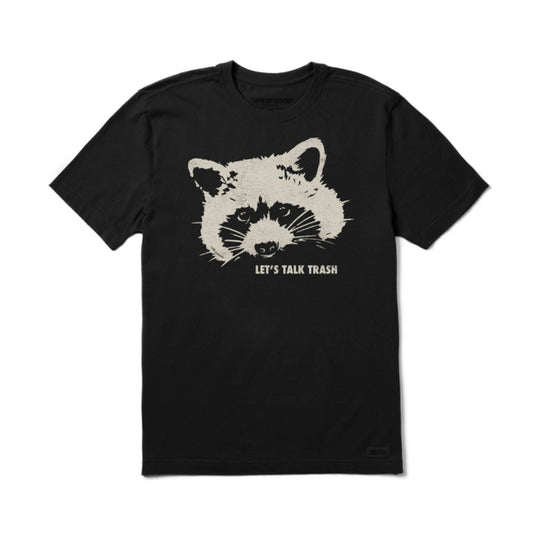Black short-sleeve T-shirt with a raccoon graphic and the text "LET'S TALK TRASH"