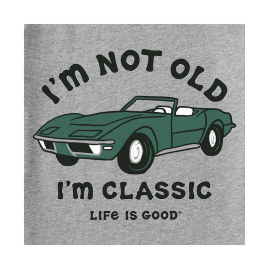 Heather gray T-shirt with a green convertible and the text "I'm not old I'm classic"