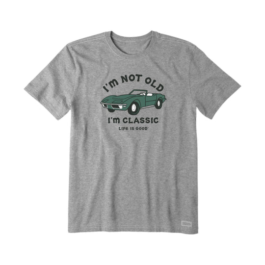 Gray T-shirt with a green classic convertible graphic and the text “I’m Not Old I’m Classic”