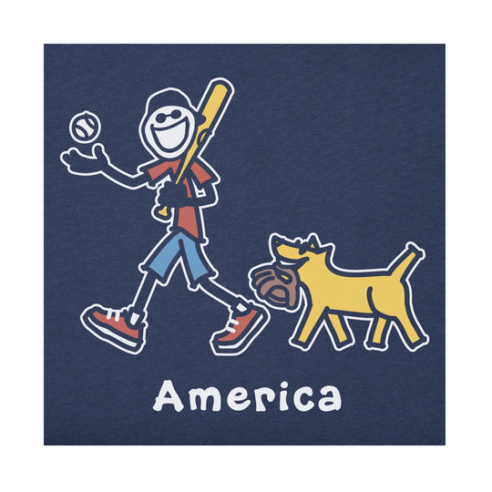 Navy graphic T-shirt with a cartoon baseball player, dog, and the word America