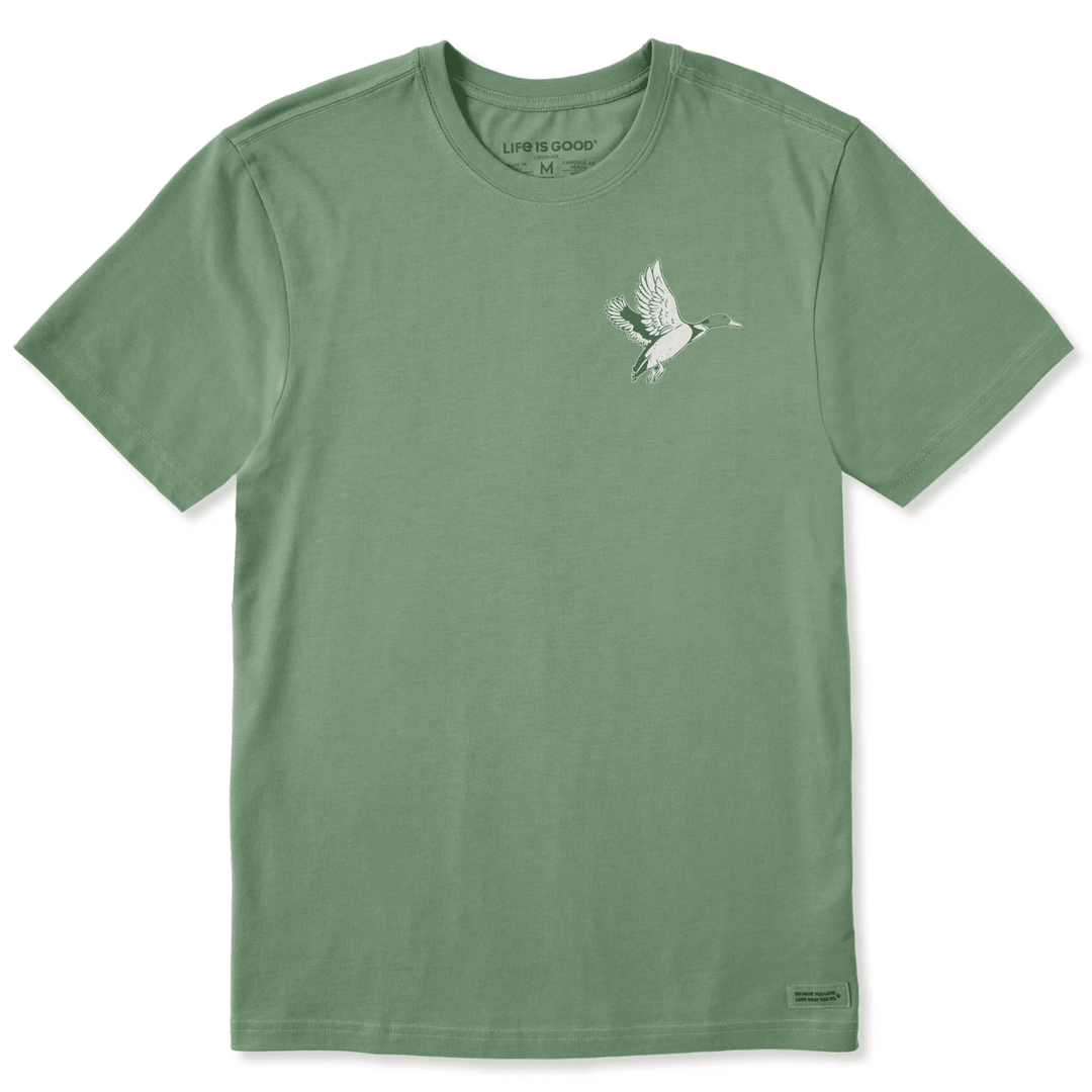 Green short-sleeve crewneck T-shirt with a small flying duck graphic on the chest