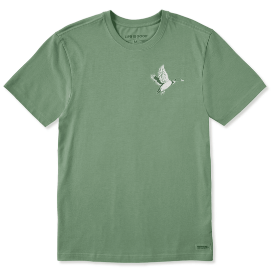 Green short-sleeve crewneck T-shirt with a small flying duck graphic on the chest