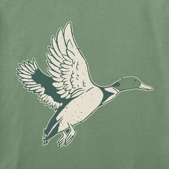 Mallard duck graphic with wings spread on a green T-shirt