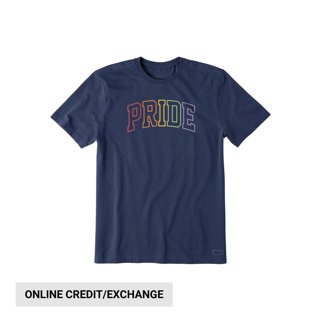 Navy short-sleeve T-shirt with rainbow-outlined PRIDE text across the chest