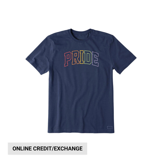 Navy short-sleeve T-shirt with rainbow-outlined PRIDE text across the chest