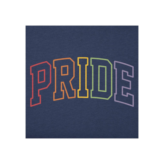 Dark blue T-shirt with large rainbow-outlined "PRIDE" graphic across the chest