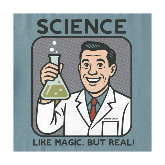 Blue T-shirt graphic with a smiling scientist holding a flask and the text “SCIENCE” and “LIKE MAGIC, BUT REAL!”