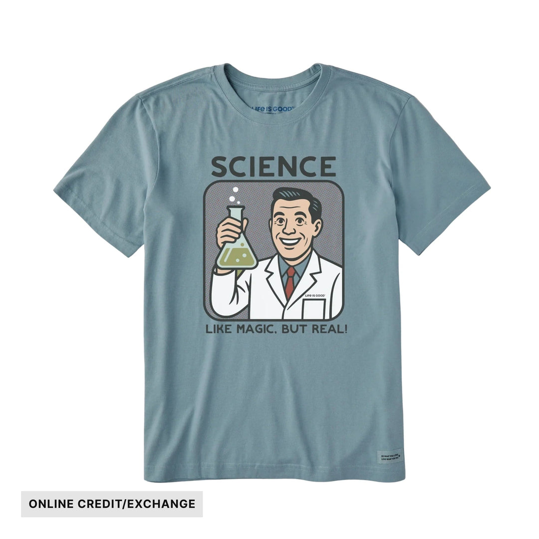 Blue-gray T-shirt with a science-themed graphic and the text “SCIENCE” and “LIKE MAGIC, BUT REAL!”
