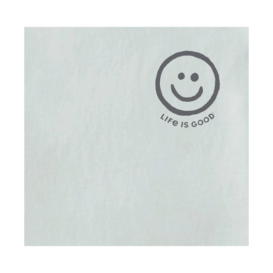 Light gray T-shirt with a smiley face logo and "LIFE IS GOOD" text