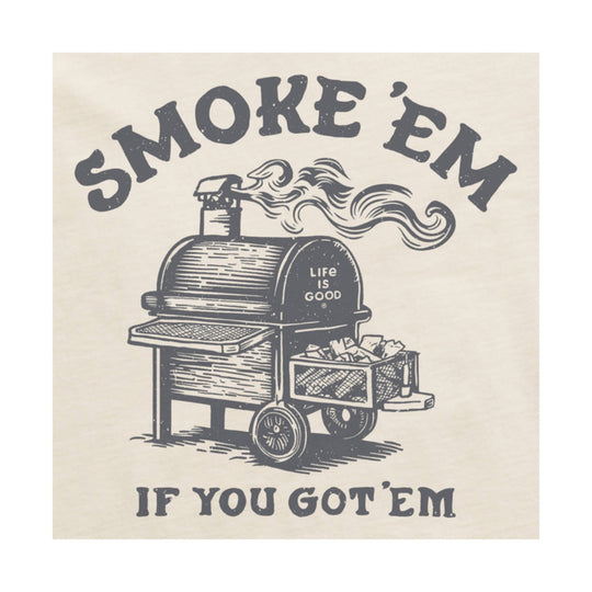 Off-white graphic T-shirt print with a smoker grill and the text “SMOKE ’EM IF YOU GOT ’EM”