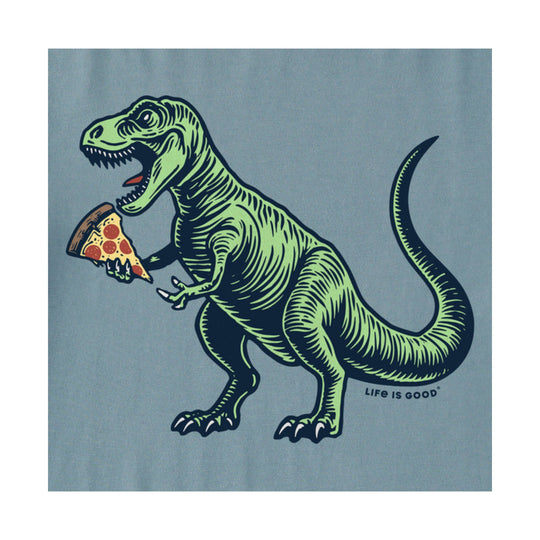 Green T-rex graphic holding a slice of pizza with "Life is Good" text