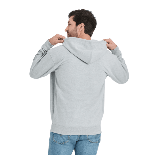 Light gray fleece zip hoodie shown from the back, with the hood pulled out and hands holding the collar