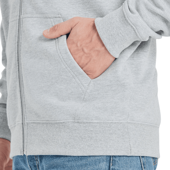 Light gray fleece zip hoodie with a front kangaroo pocket and ribbed hem, worn with blue jeans