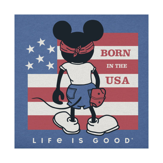 Vintage blue graphic T-shirt with a Mickey-style character in front of an American flag and the text Born in the USA