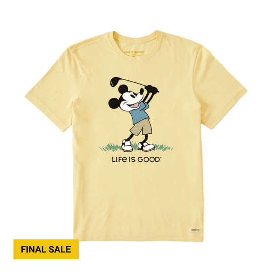 Pale yellow T-shirt with a golf cartoon and the text “LIFE IS GOOD”