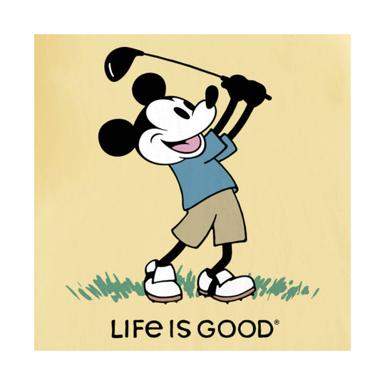 Mickey Mouse golfer swinging a club with Life is Good text below