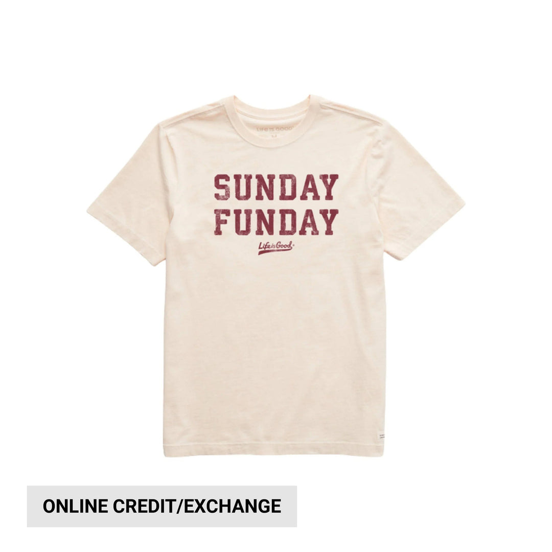 Cream short-sleeve T-shirt with "SUNDAY FUNDAY" graphic on the chest