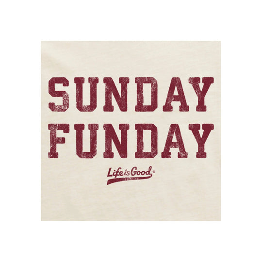 Cream T-shirt front with distressed red block text reading "SUNDAY FUNDAY" and a small "Life is Good" logo below