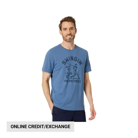 Blue graphic T-shirt with baseball batter illustration and the text Swingin' for the Fences