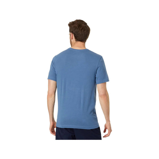 Blue short-sleeve crewneck T-shirt shown from the back