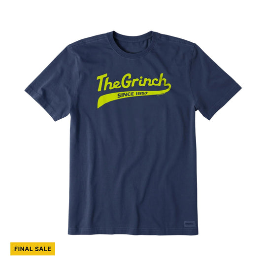Navy short-sleeve graphic tee with neon yellow 'The Grinch' and 'Since 1957' text