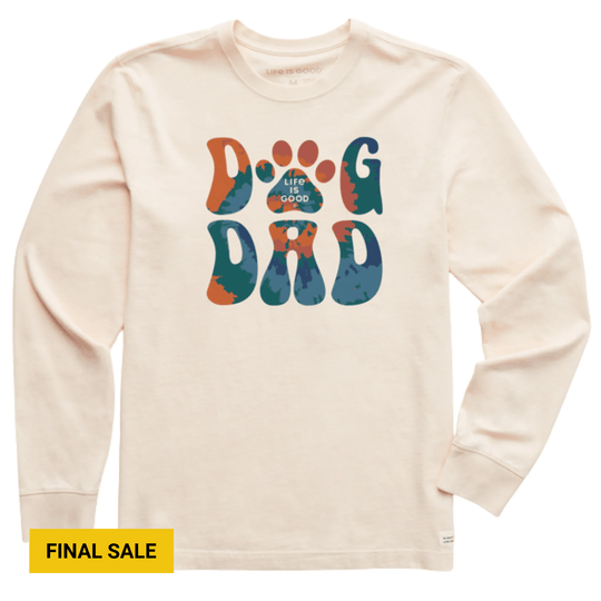 Cream long-sleeve sweatshirt with colorful "DOG DAD" graphic