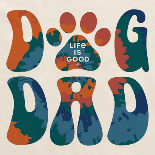 Tie-dye dog paw graphic with the words "Life Is Good"