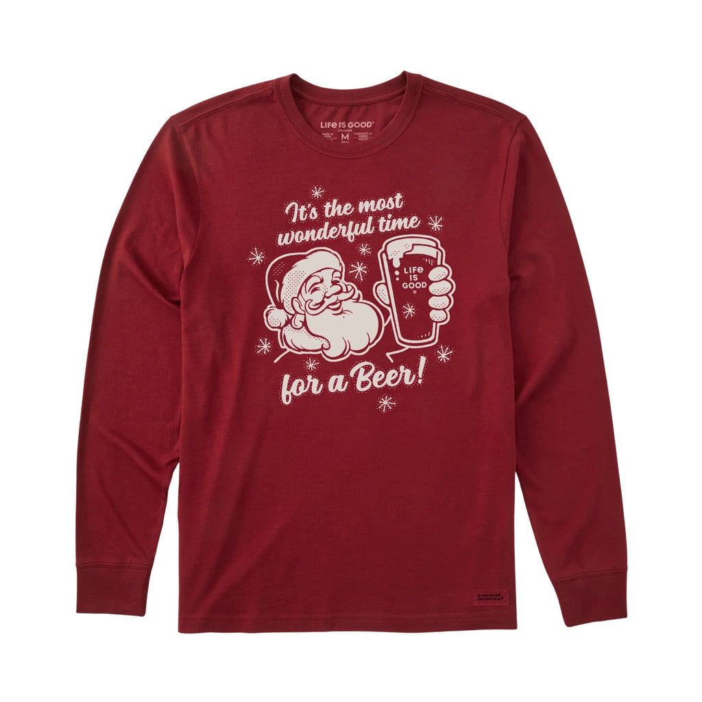 Life Is Good Men's Time For A Beer Santa Long Sleeve Crusher Tee - Adirondack Red - Lenny's Shoe & Apparel
