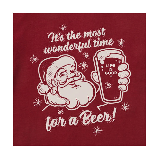 Red graphic shirt with Santa holding a beer and the text “It’s the most wonderful time for a Beer!”