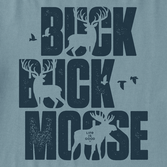 Smoky blue graphic T-shirt with large "BUCK BUCK MOOSE" text and deer silhouettes