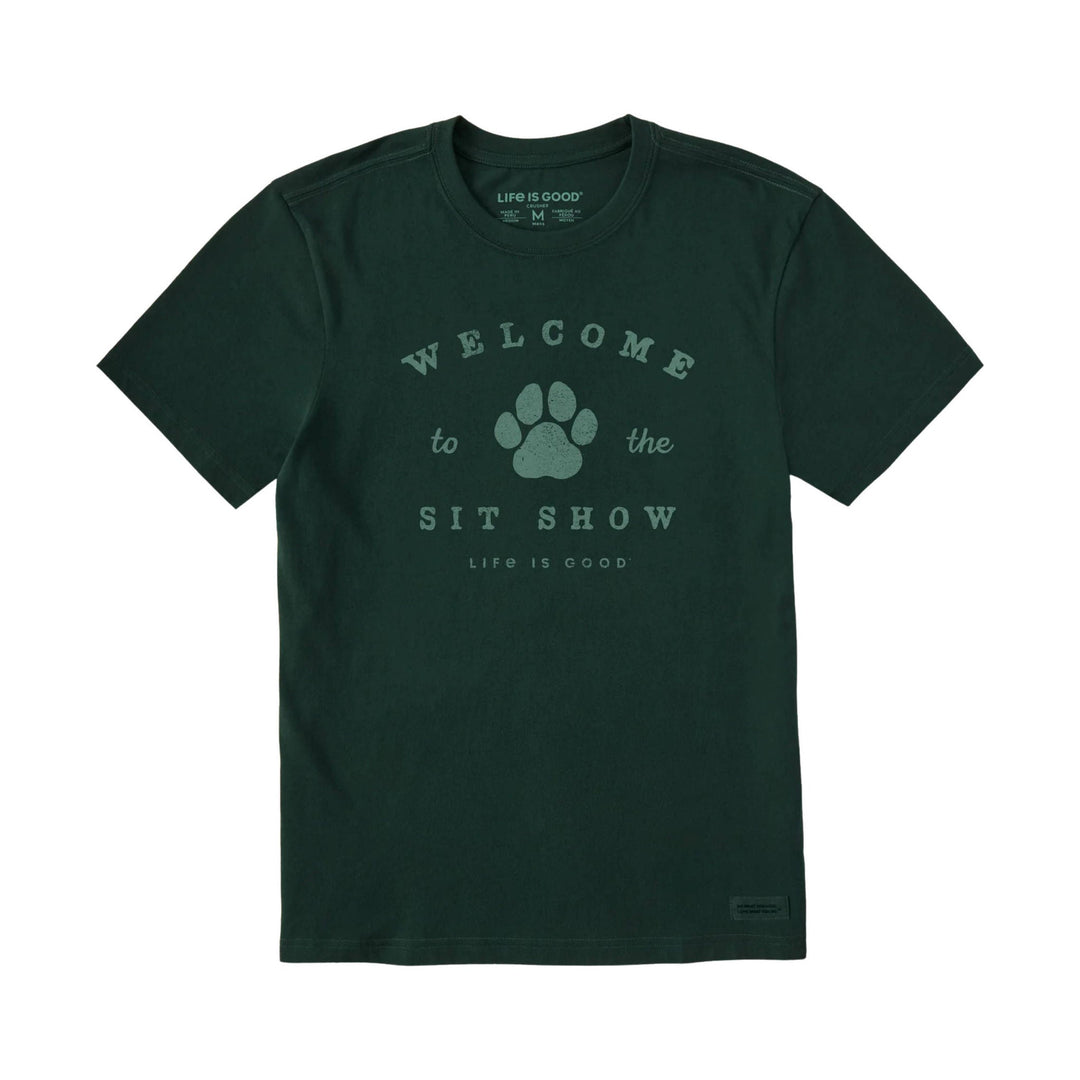 Dark green graphic T-shirt with a paw print and “Welcome to the Sit Show” text.