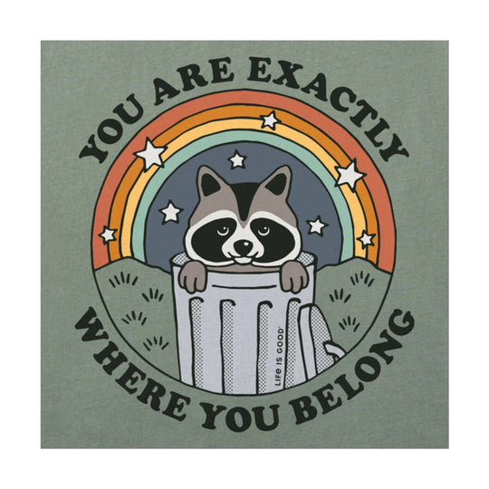 Moss green graphic tee with a raccoon peeking over a trash can under a rainbow