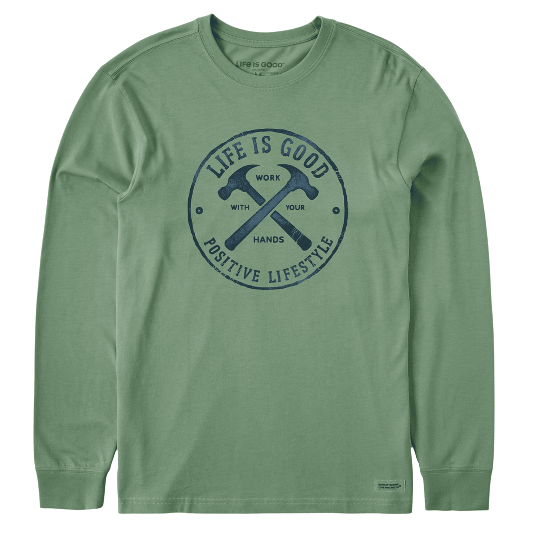 Green long-sleeve T-shirt with crossed hammers graphic and circular text.