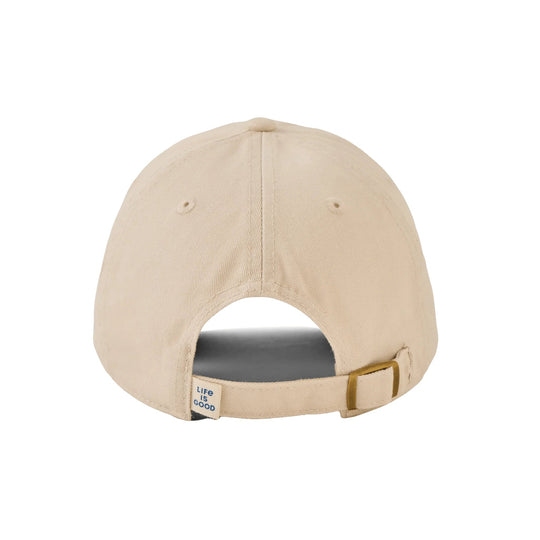 Beige baseball cap shown from the back with an adjustable strap, brass buckle, and small "Life is Good" tag.