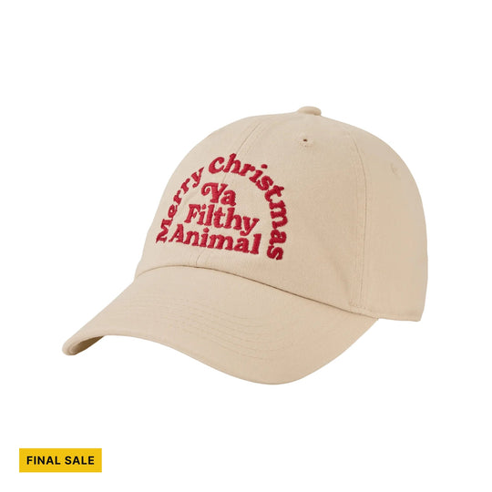 Beige baseball cap with red embroidered Christmas text and a curved brim