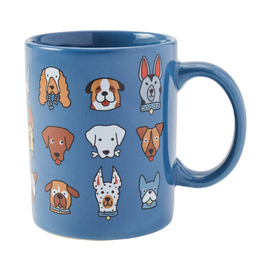 Blue ceramic mug with cartoon dog faces and a large handle