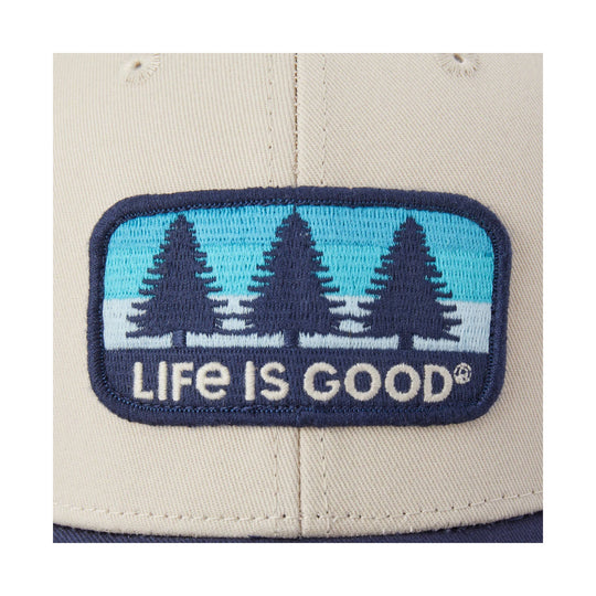 Beige cap patch with three pine trees and the text "Life is Good"