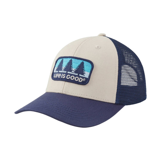 Two-tone trucker cap with mesh back and a front patch reading Life Is Good