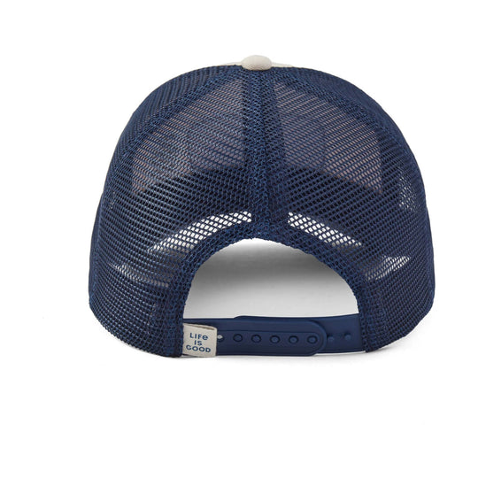 Navy mesh trucker hat with cream top button, adjustable back strap, and Life Is Good tag