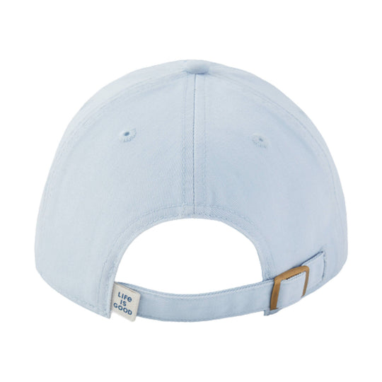 Light blue baseball cap shown from the back with an adjustable strap and small tag.
