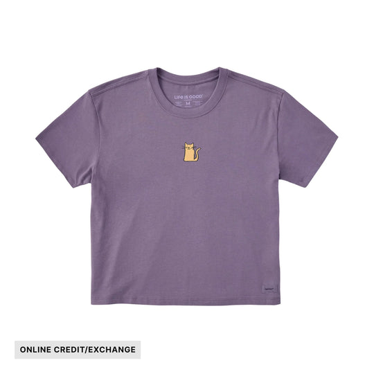 Purple short-sleeve T-shirt with a small cat graphic on the chest and ONLINE CREDIT/EXCHANGE text