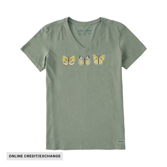 Moss green V-neck T-shirt with three butterfly graphics across the chest and online credit/exchange label
