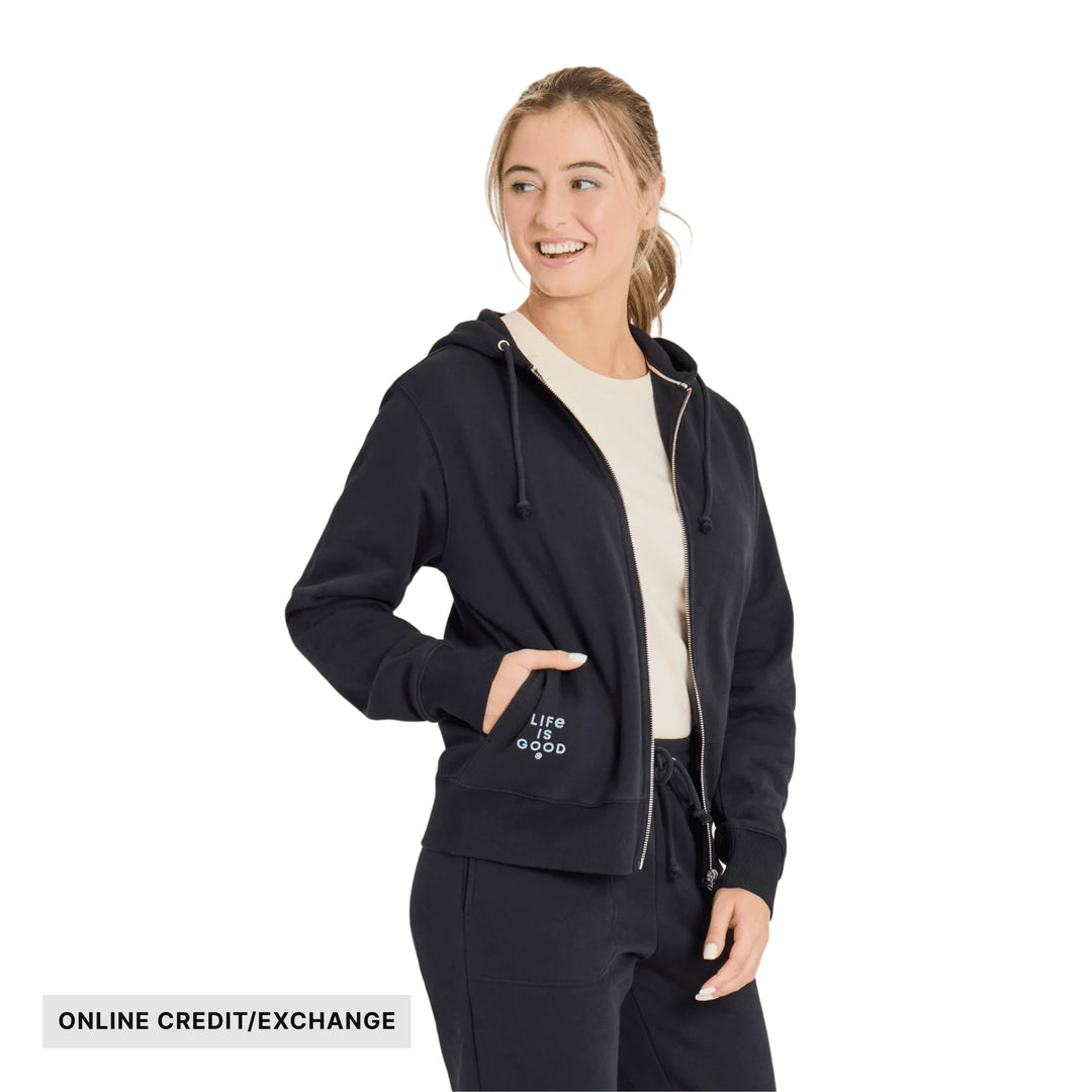 Black zip-up hoodie with hood and drawstrings, shown with matching pants