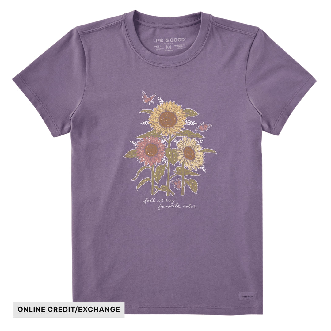 Purple short-sleeve T-shirt with a sunflower graphic and butterfly accents