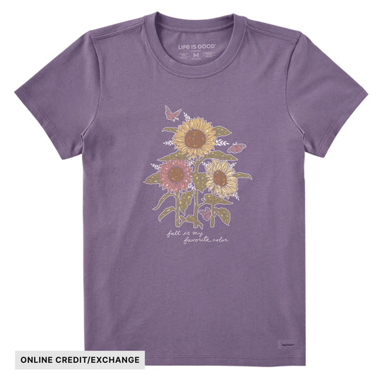 Purple short-sleeve T-shirt with a sunflower graphic and butterfly accents