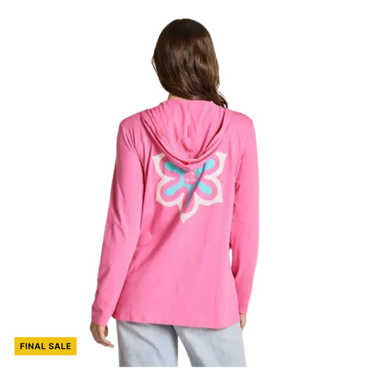 Life Is Good Women's Flower Symmetry Long Sleeve Crusher Lite Hooded Tee - Watermelon Pink - FINAL SALE - Lenny's Shoe & Apparel